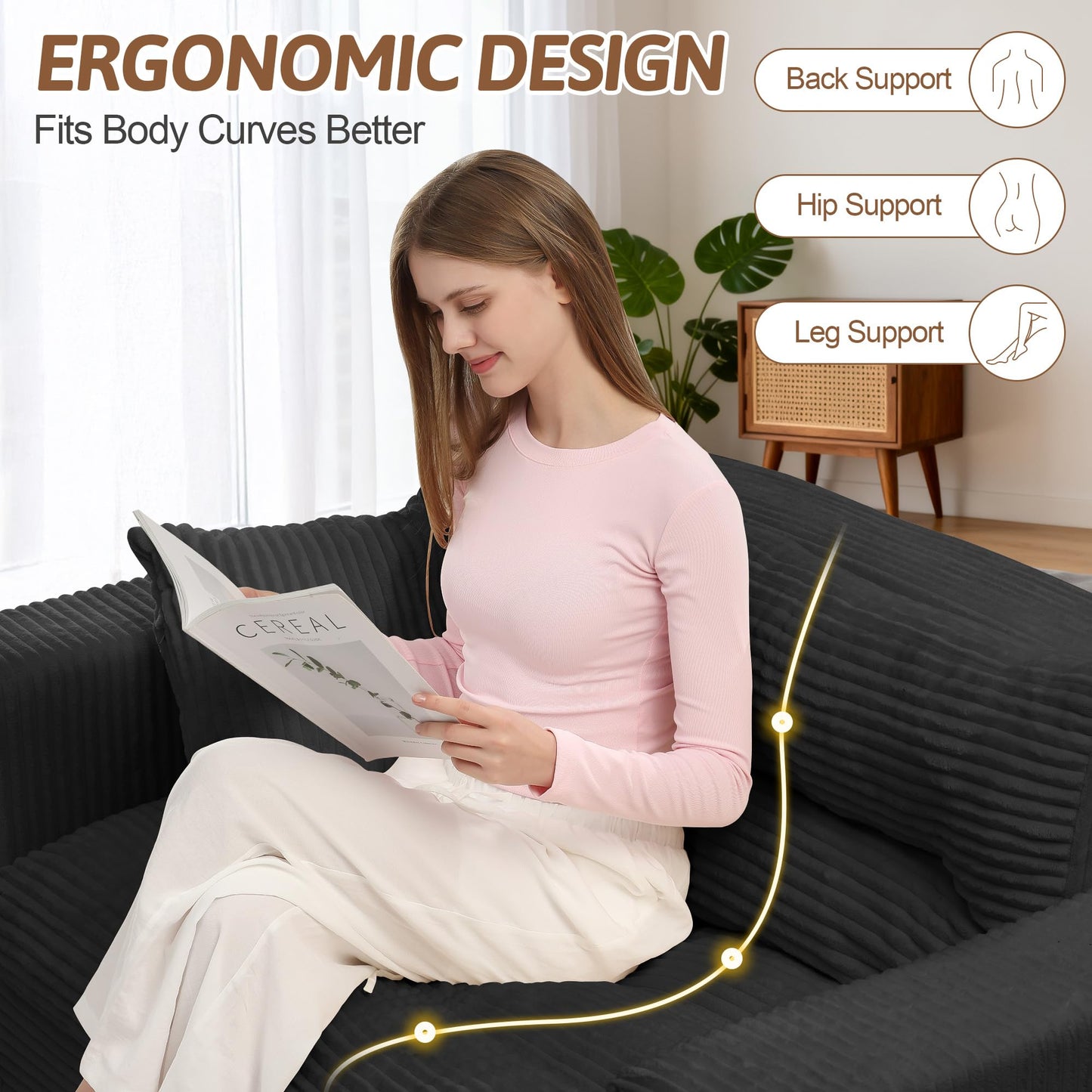 NLDD Convertible Sofa Bed, Pull Out Boneless Couch Loveseat Floor Sofa Bed with Pillows, 2-Seater Folding Sofa Loveseat Boneless Couch for Living Room, Bedroom, Apartment, Office (Black)