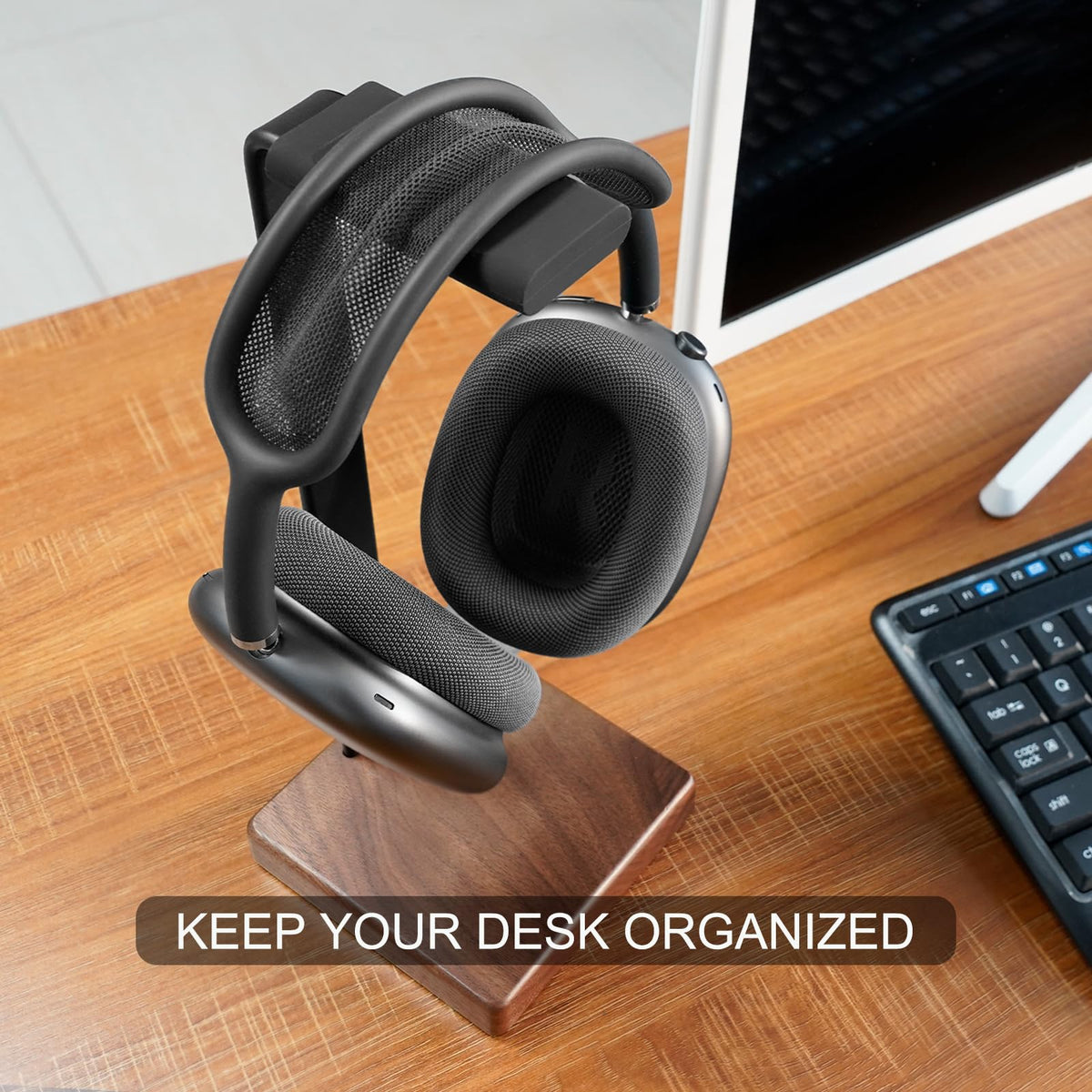 GEVO Headphone Stand Headset Holder - Headset Metal Mount Rack for Desk with Walnut Wooden Square Base for Gaming, AirPod Max, Bose, Sony, Razer, Jabra, JBL