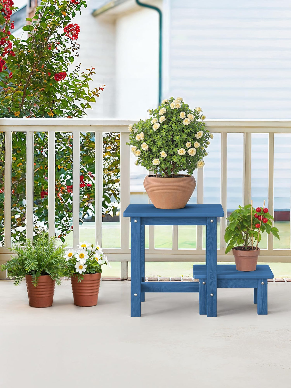 LUE BONA Outdoor Side Table, 2-Tier HDPS Outdoor Nesting End Table with Removable Small Foot Stool for Patio, Deck, Poolside, Low Maintenance & Weather Resistant, Navy