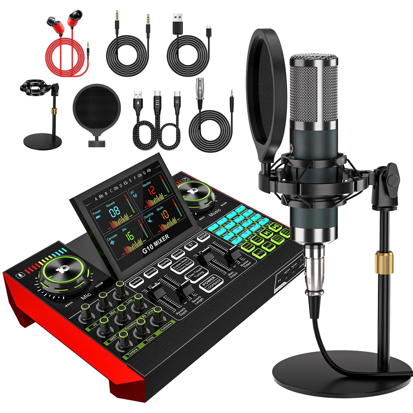 neculogy G10 Podcast Equipment Bundled with Audio Mixer Integrated Podcast Production Studio, Equipped with P15 Microphone, Used for Live Streaming, Podcast Recording PC,YouTube Recording