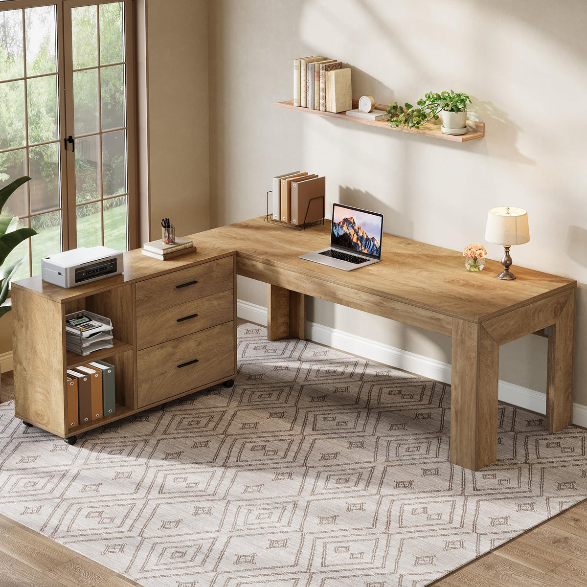 Tribesigns 63" L Shaped Desk with Storage, Executive Office Desk with Rolling File Cabinet Combo, Large Computer Table with Drawers and Shelves, Business Furniture Set for Home Office, Brown
