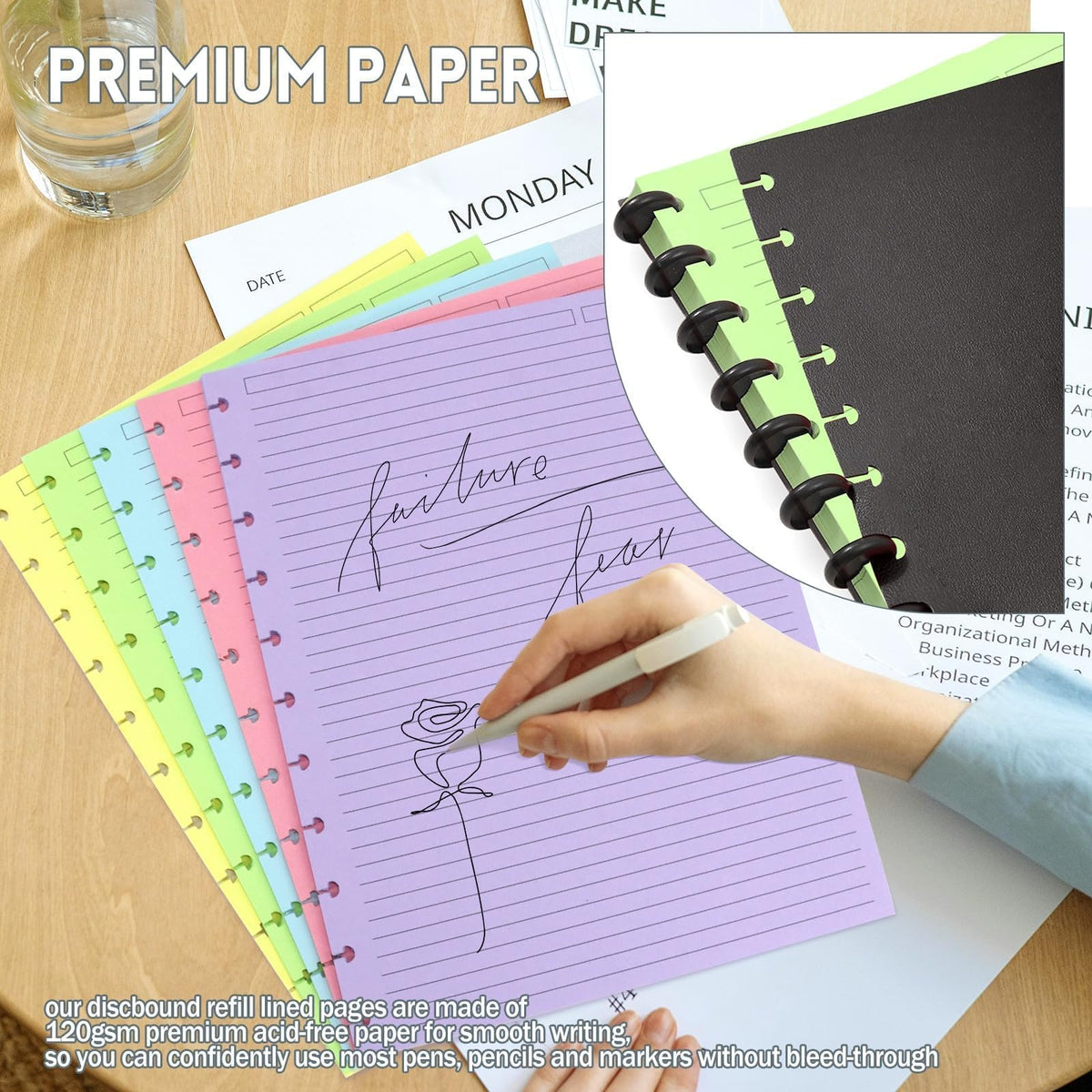 Discbound Refill Paper 120 Sheets, 8.5" x 11" Letter Size 11-Disc Planner Inserts for Note-Taking System, College Ruled, 5 Colors, 120gsm Refills Compatible with TUL/ARC/Notebook