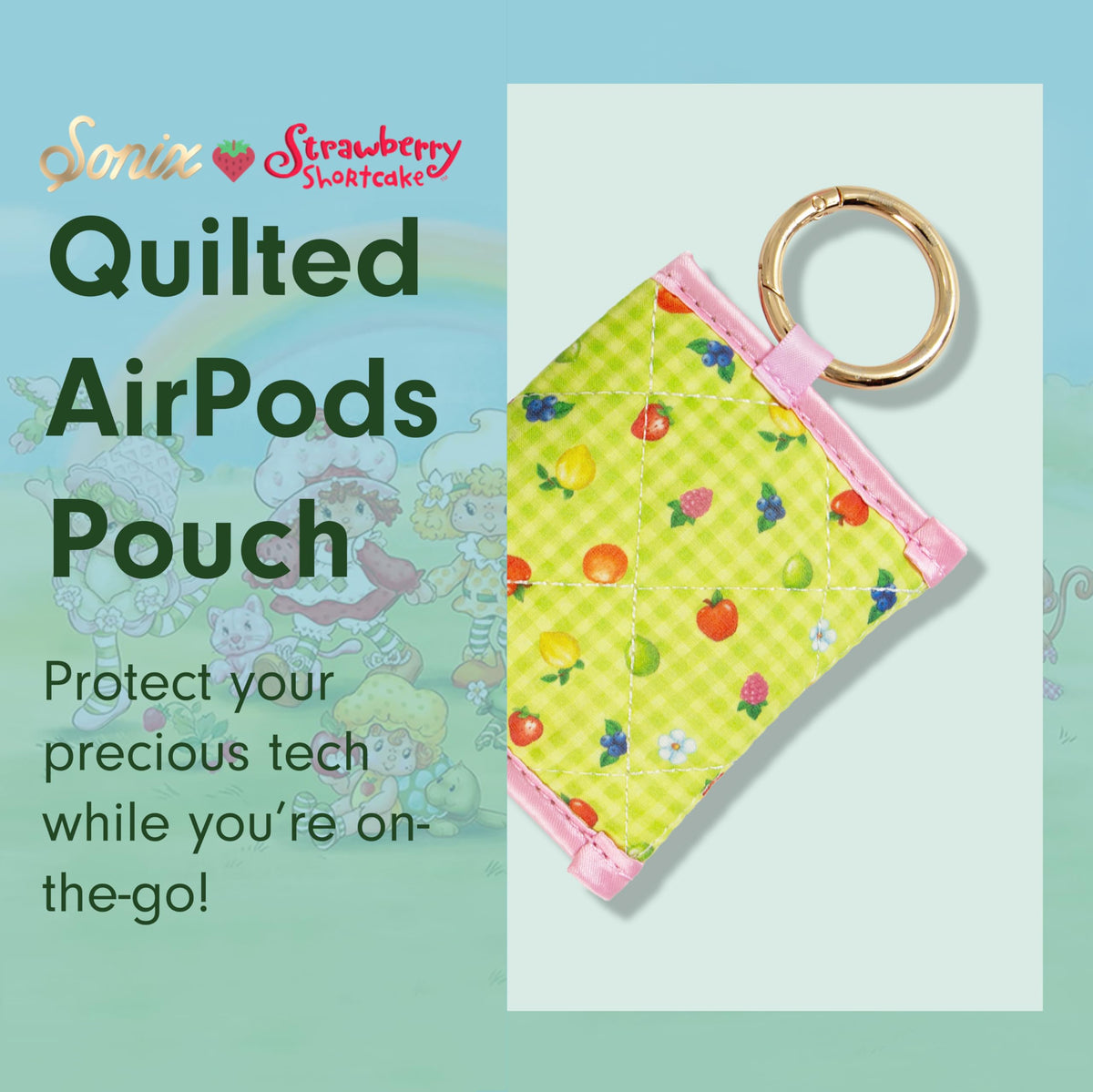 Sonix Quilted Earbud Pouch | Premium Cotton Bag Charm for AirPods, Keychain Storage Case Cover with Carabiner Ring | Strawberry Shortcake Berry Besties Rainbow