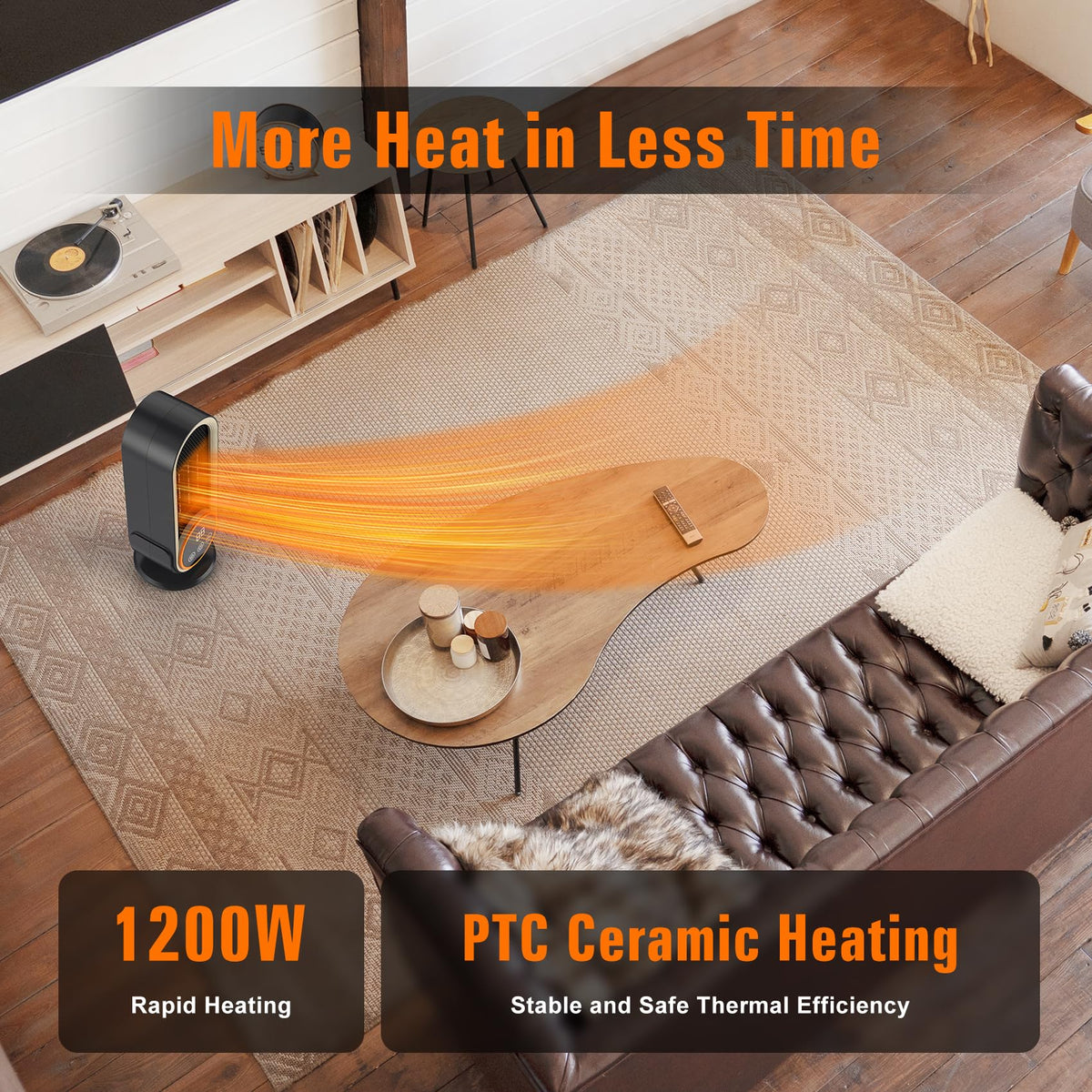 Dandist Space Heaters for Indoor Use with Remote, 2s Efficient Heating, Overheat & Tilt Protection, 1200W PTC Ceramic Portable Heater with Display, Timer, Two-Speed, Electric Heater for Bedroom Office
