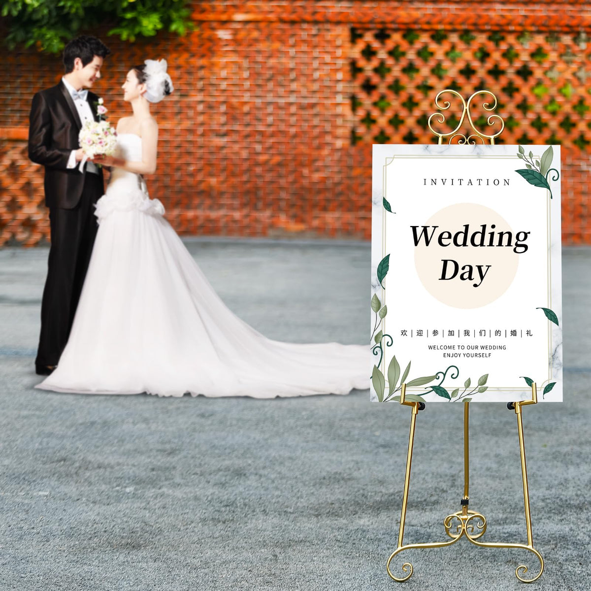 Metal Large Free Standing Adjustable Display Stand Scroll Easel with Chain Support, Gold Easel Stand for Sign, Heavy Duty Easel for Mirror, Wedding, Picture Frame (No Installation Required)