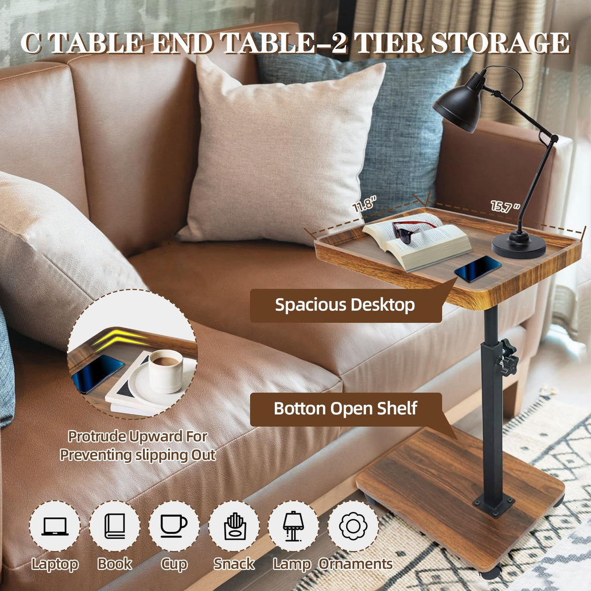 Xiyilike C Table Side Table End Table Adjustable Height，C Shaped End for Couch，Snack Tables,360°Swivel TV Tray Sofa Table， for Small Spaces，Side Tables Living Room and Bedroom for Sofa, Bed,Chair