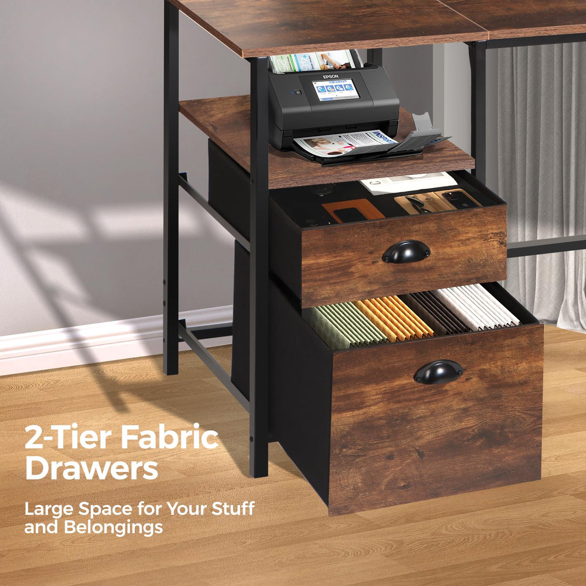 Panana 61.4" Computer Desk with Power Outlet and LED Lights, Desk with 2 Fabric File Cabinet Drawer, Large Reversible Gaming Desk with Shelves and Monitor Stand, Writing Study Desk for Home Office