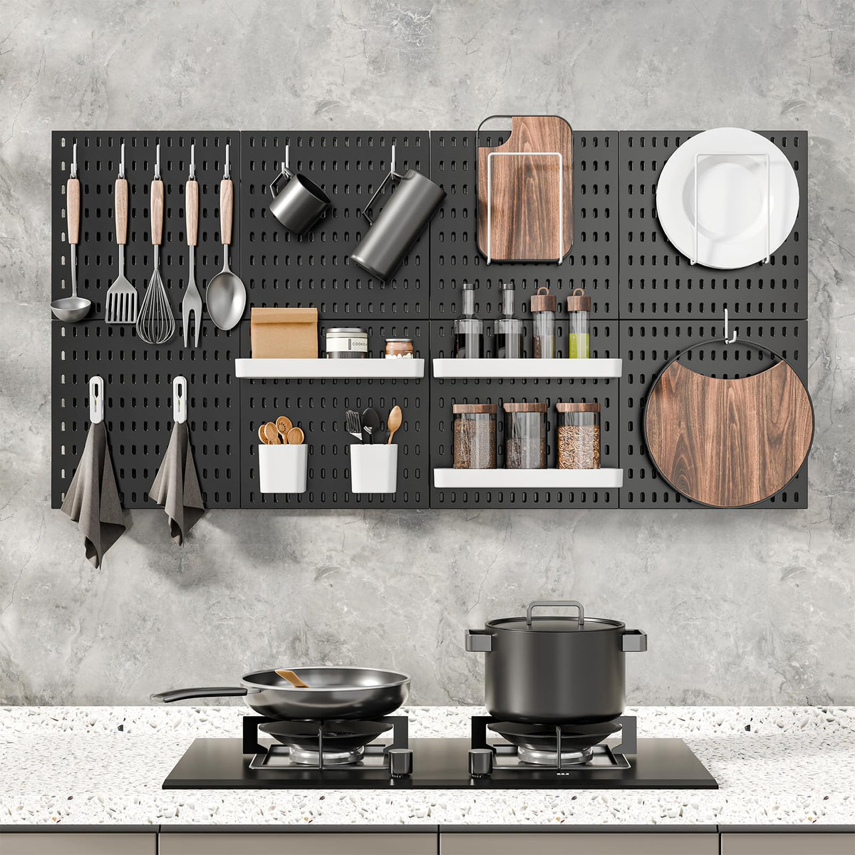 MULSAME Pegboard Combination Kit, Wall Mounted Storage Set with 8 Pegboards & 32 Accessories Hanging, Black Peg Boards Organizer for Walls Display, Crafts Organization, Kitchen Organizer, 22" x 44"