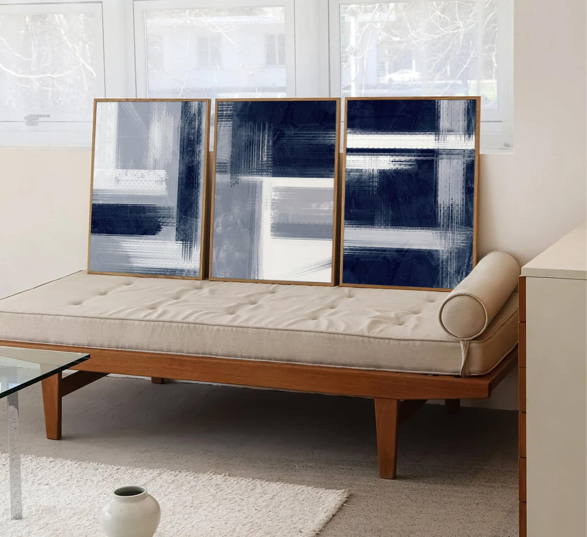 Wavkkey 3Pcs Navy Blue Abstract Wall Art Blue Grey Neutral Modern Geometric Abstract Painting Poster Wall Decor Canvas Print Artwork for Living Room Bedroom Office Home Decoration Unframed