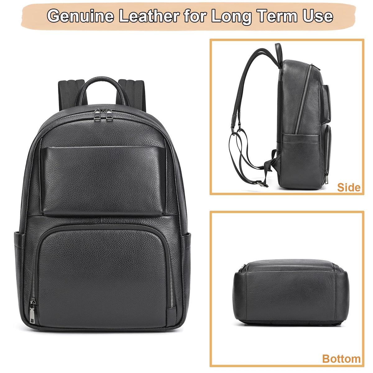 Yevabo Genuine Leather 15.6 Inch Laptop Backpack for Men, Multi Pocket Casual Daypack Shoulder Bag for Business Travel Outdoor, Black