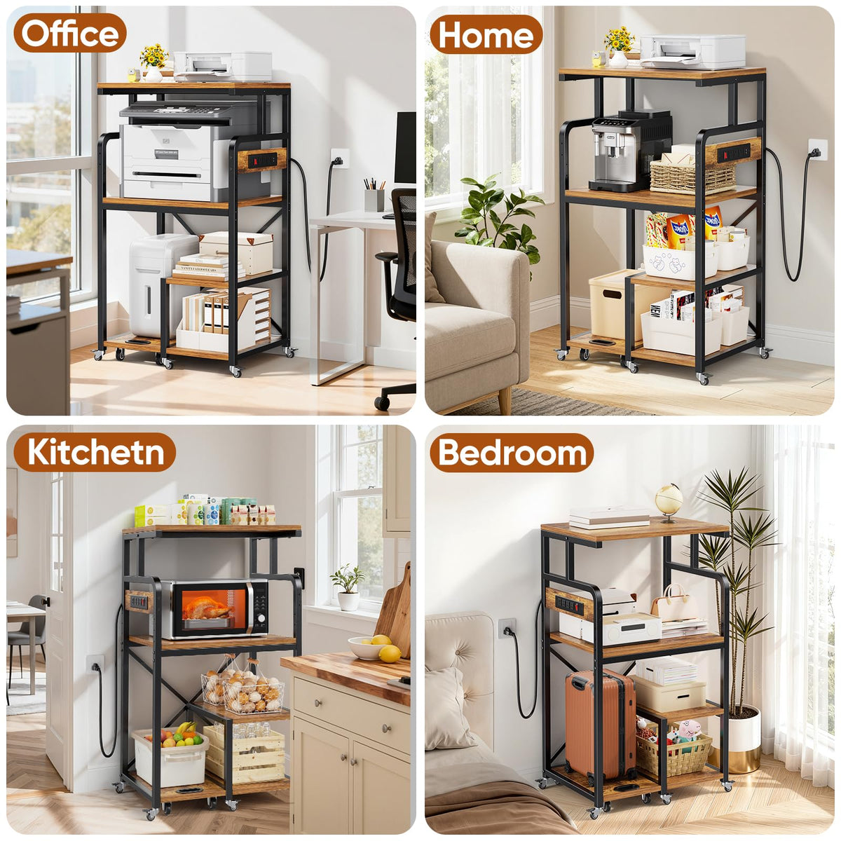 POKIPO Large 4 Tier Printer Stand, 26.7 x 21.2 x 50.2 Inches Tall Printer Cart with Power Outlets 4-Adjustable Heavy Duty Rolling Shelf for Home Office Kitchen Stand for Paper Shredder Mini Fridge