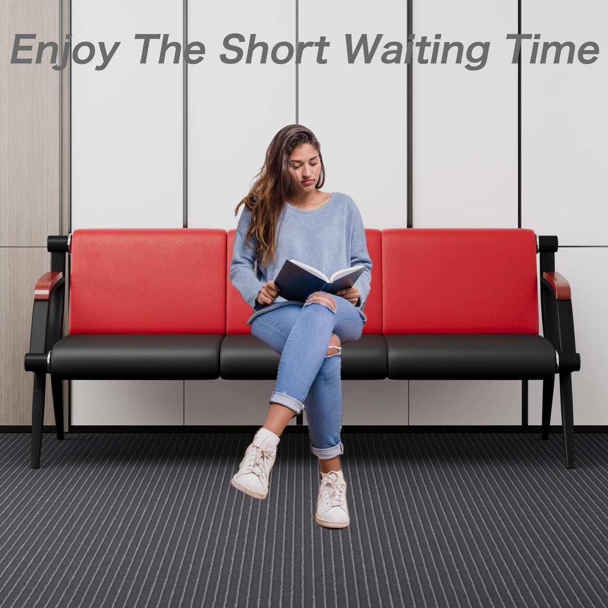 wonline Waiting Room Bench, Office Furniture Reception Chairs with Arms, Leather Chairs is Suitable for Clinic,Airport,Hospital,Barber,Salon,Bank-(Red&Black,4pcs)