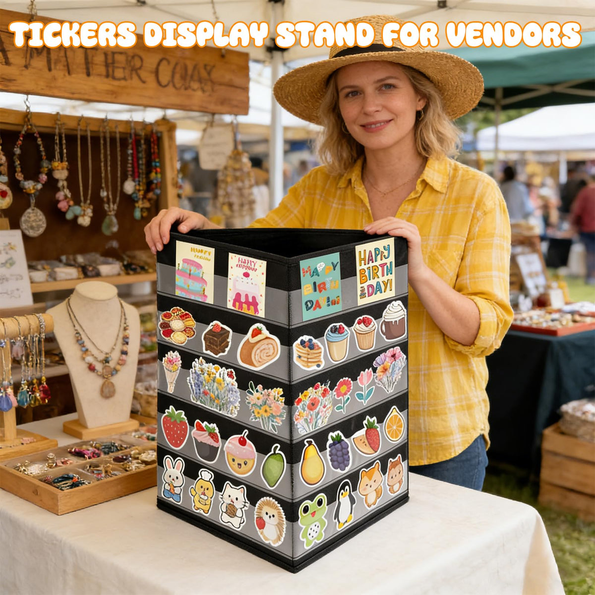 FUPMILPHRANX 2 Pcs 3 Sides 5 Layers Portable Stickers Display Stand for Vendors Big 4'' Stickers, Foldable Sticker Holder for Vendor Events & Small Business, No Assembly Required, Black, 16.5 x 40in