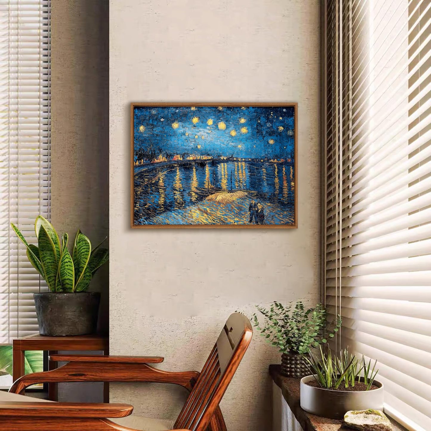 WENGTIAO Framed Canvas Wall Art Starry Night Over The Rhone by Van Gogh Oil Paintings Vintage Landscape Print Reproduction Retro Blue and Yellow Artwork Pictures for Living Room Bedroom Office Study 12”x16”