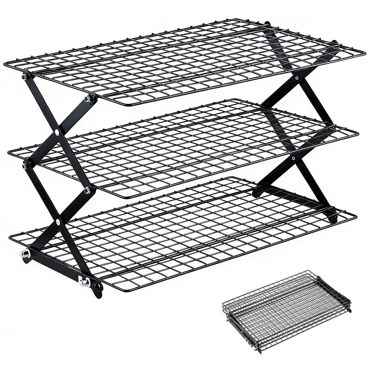 ZESHIHAOGUO 3-Tier Collapsible Cooling Rack with 3-Setting Design, Heavy-Duty Steel Baking Rack for Oven Safe Cooking & Space-Saving Storage
