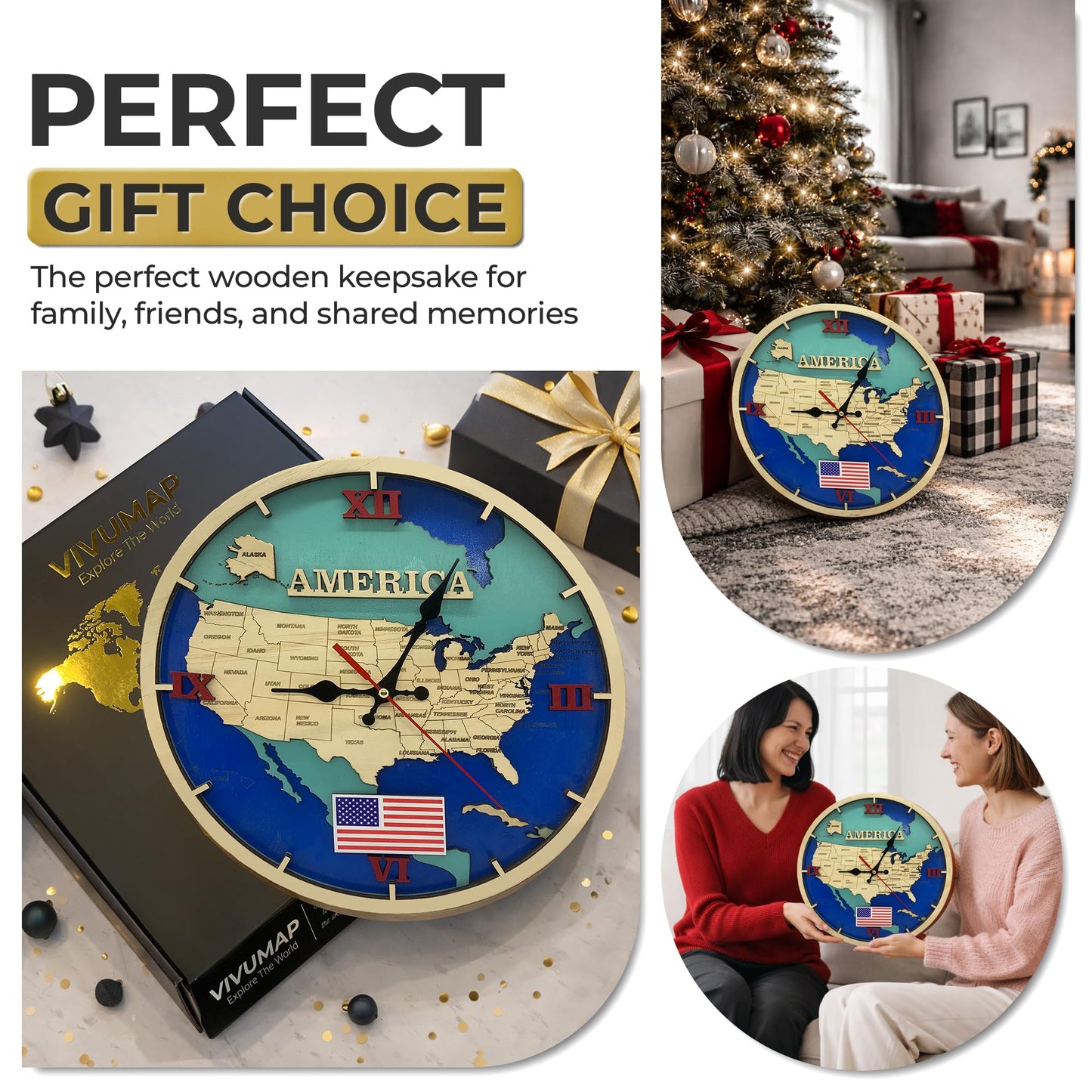 VIVUMAP Wooden Wall Clock USA Map Design 11.4 Inch Silent Non-Ticking, Handcrafted 6-Layer Laser Cut Wood with Gold Frame, Premium Decorative Wall Clock for Living Room, Bedroom, Office