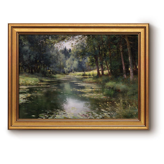 Bzstyleart Vintage Wall Art Decor for Office, Vintage Gold Framed Landscape Wall Art, Forest Riverside Painting, Room Decor Aesthetic for Living Room, 12 x 16 Inch