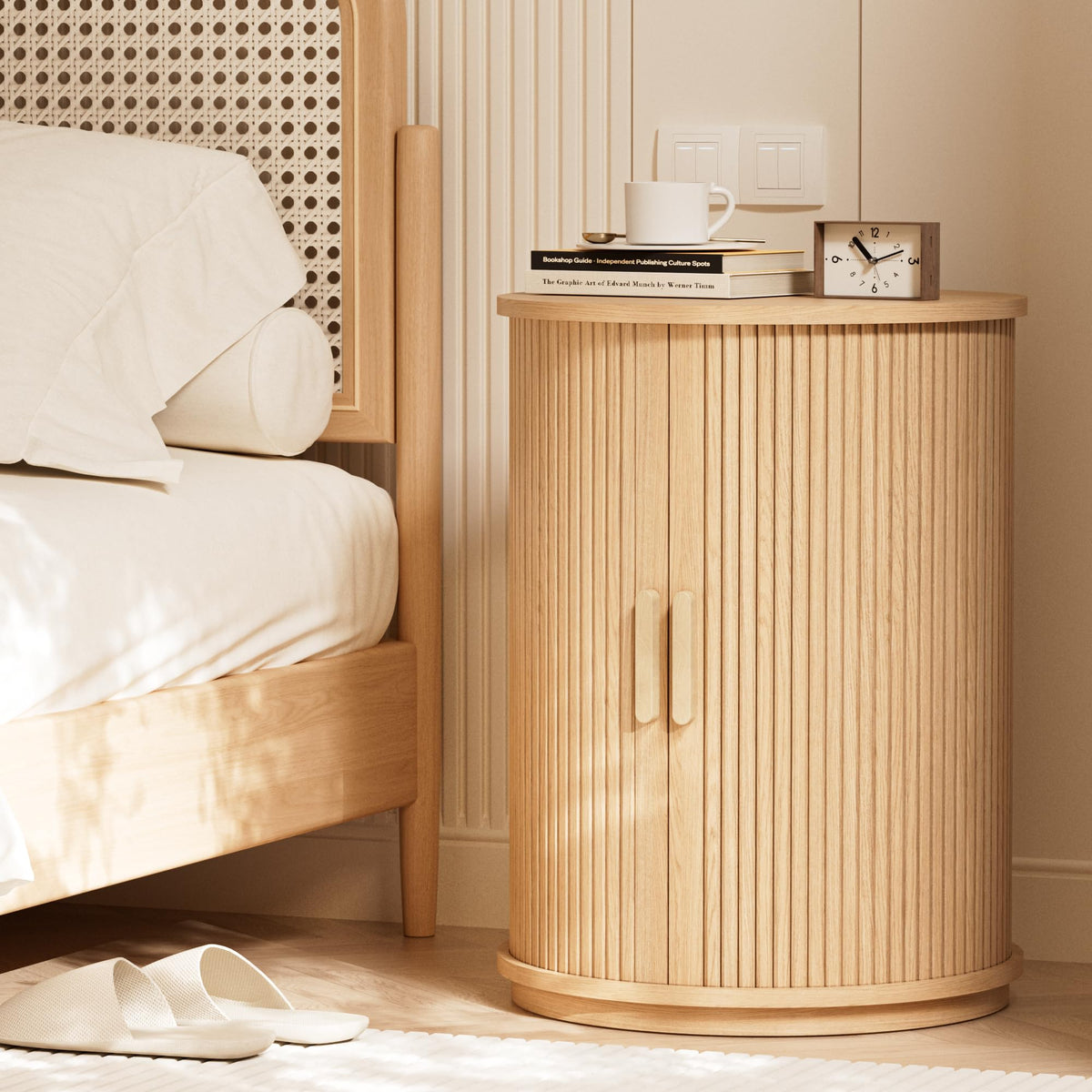 INNOD Side Table with Storage for Living Room, Round End Table with Sliding Tambour Door, Wood Night Stand Nightstand Bedside Table for Bedroom, Small Round Side Table, Mid Century Modern, Light Oak
