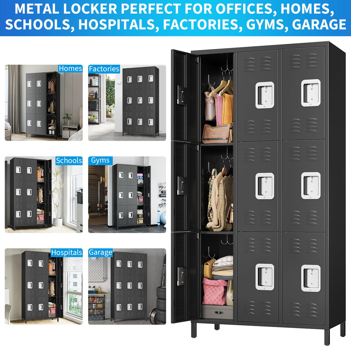 9 Door Locker Cabinet, Metal Lockers for Employees, Lockers Cabinet with 27 Hooks, Industrial Locking Cabinets with Ventilation Holes for Office, School, Gym, Warehouse, Easy Assembly, Black