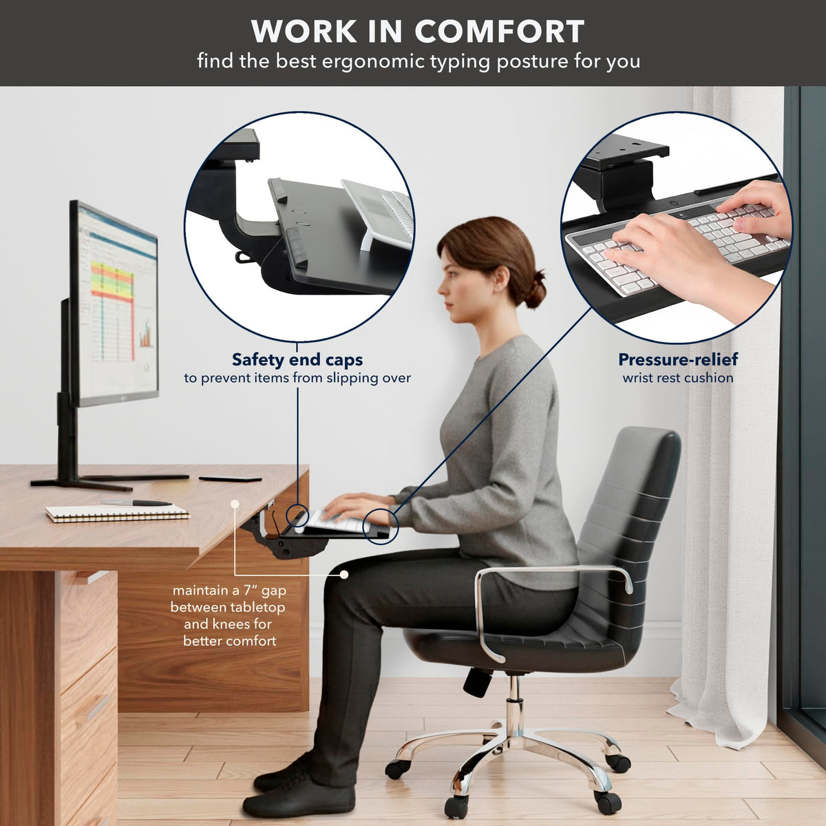 Mount-It! Under Desk Keyboard Tray, Adjustable Slide-Out Keyboard & Mouse Platform, 26.38" W × 10" D, Ergonomic Wrist Rest, Height Tilt & Swivel, Heavy-Duty Bolt-On Keyboard Drawer for Home Office