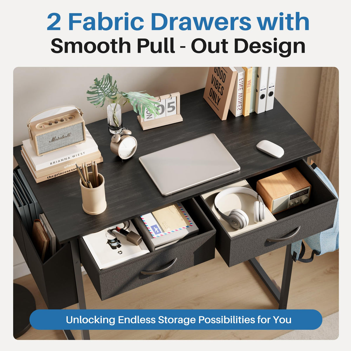 OLIXIS Small Desk with Fabric Drawers for Home Office, 32 Inch Gaming Computer Desk with Side Bag, Headphone Hook Writing Study Work Table for Bedroom Small Sapce, Chic Black