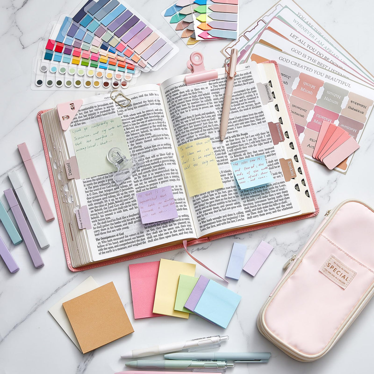 Chiisong 73 Pcs Aesthetic Bible Journaling Study Supplies Book Annotation Kit Pencil Case 12 Highlighters 14 Sticky Notes 5 Gel Pens 6 Press Pens 12 Labels for Christmas Bible School Gift(Pink)