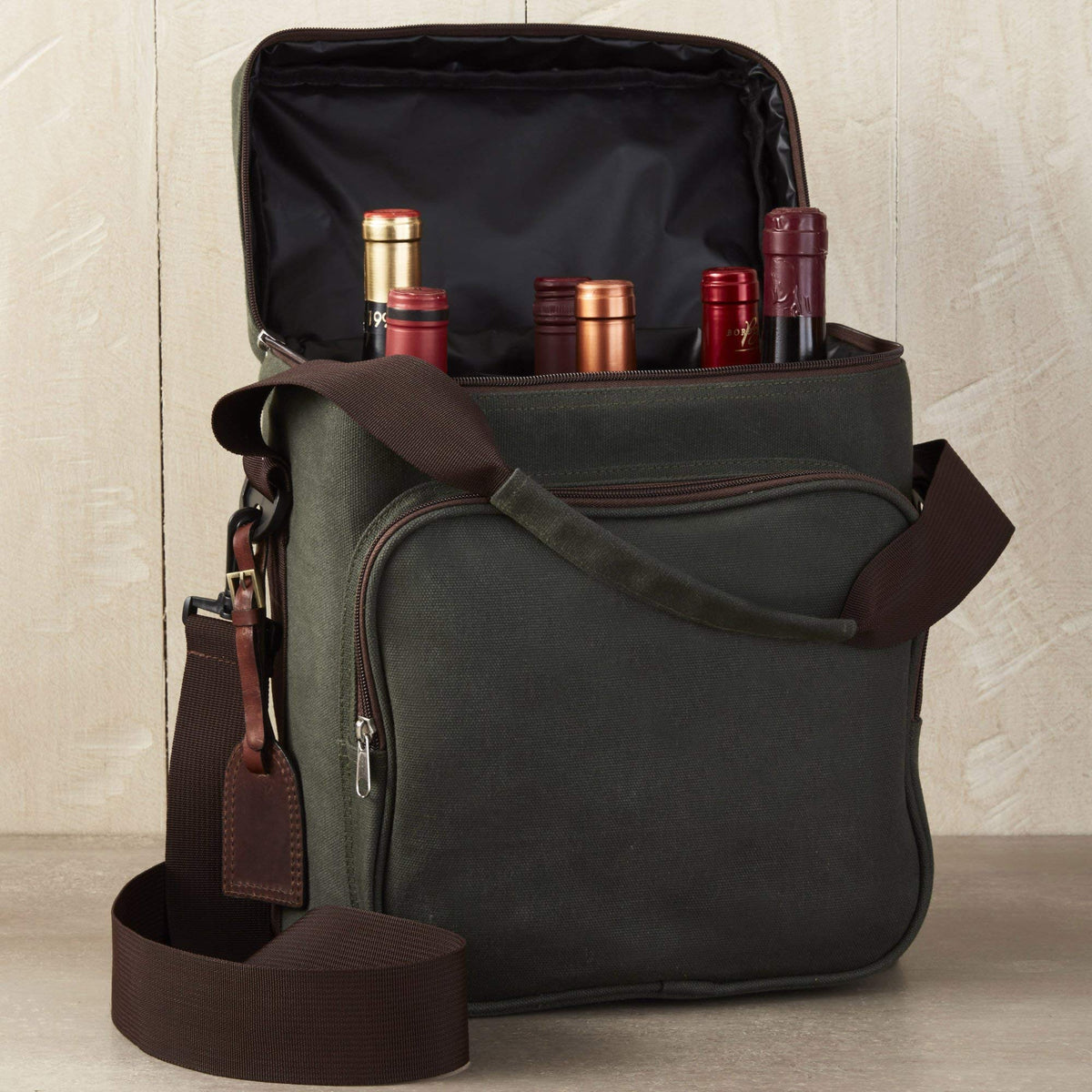 Wine Enthusiast 6-Bottle Waxed Canvas Wine Bag Tote Insulated Wine Carrier Cooler Travel & Picnics Holds Tall Bottles Includes Ice Pack Chilling Reusable Tote Bag for Wine Gifts & Outdoor Gatherings