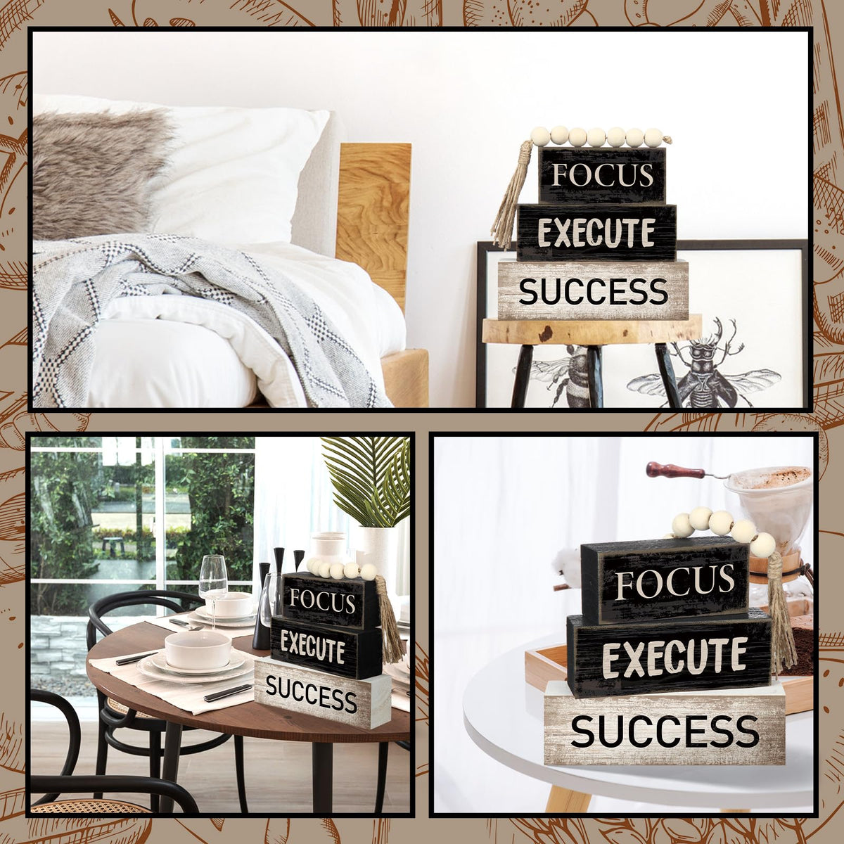 Yuntau 4 Pcs Motivational Wooden Tabletop Decor Inspirational Tiered Tray Decor Rustic Retro Wood Bead Garland Focus Execute Success Block Sign Gift Farmhouse Centerpiece for Home Shelf Mantle