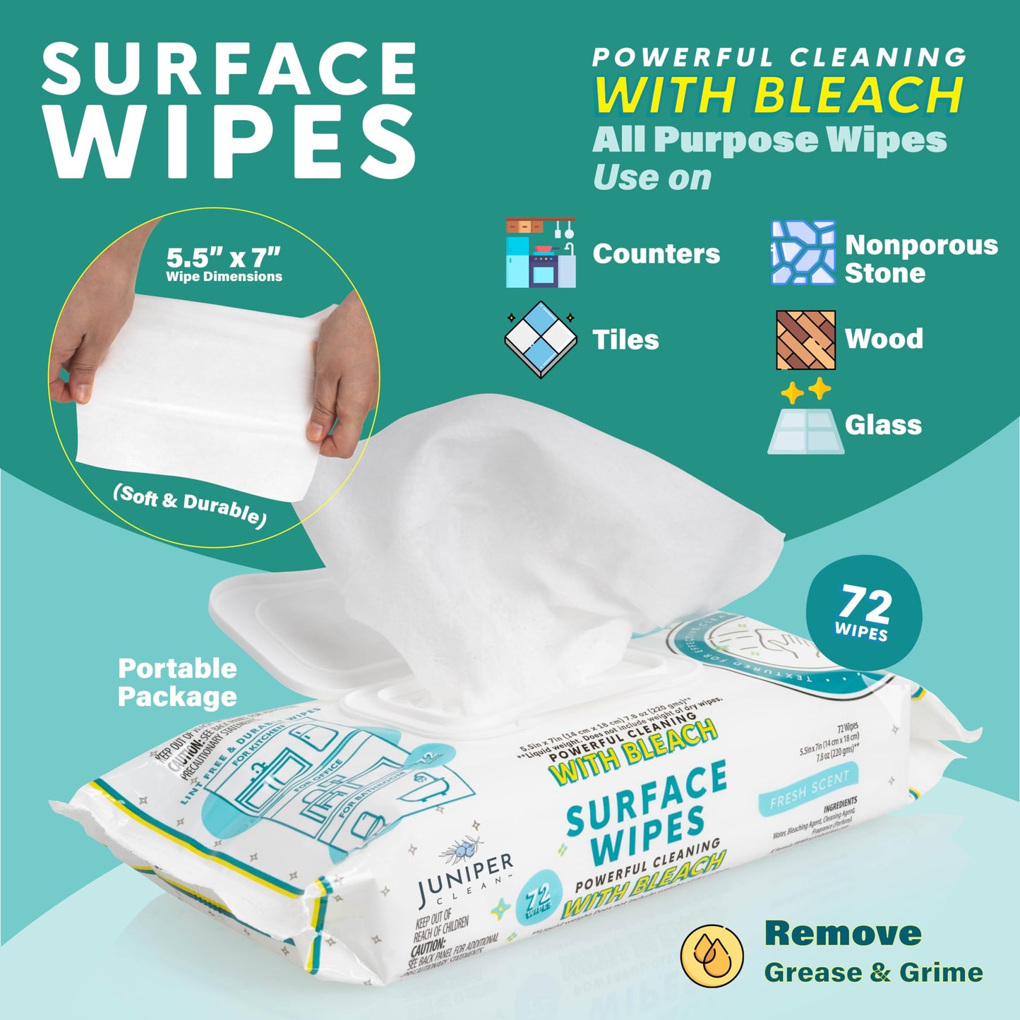 Juniper CLEAN 6 Pack Surface Cleaning Wipes with Bleach, All-Purpose Cleaner for Bathroom, Kitchen, Office, 72 Count Soft Flow, Fresh Scent, Lint Free & Durable