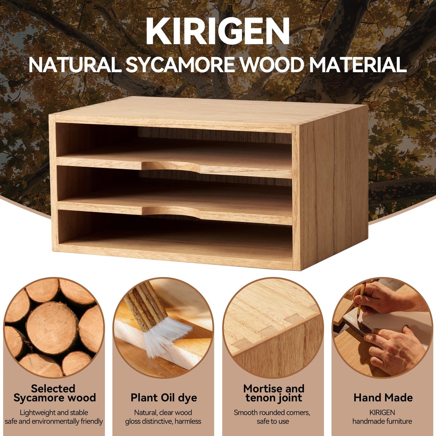 KIRIGEN Wooden Desktop Organizer Paper Storage Letter Tray File Sorter - Desk Rack Magazine File Dividers Holders for Home Office Accessories Wood Desk Cabinet with 3 Layer Trays Natural(3KWJG-NA)