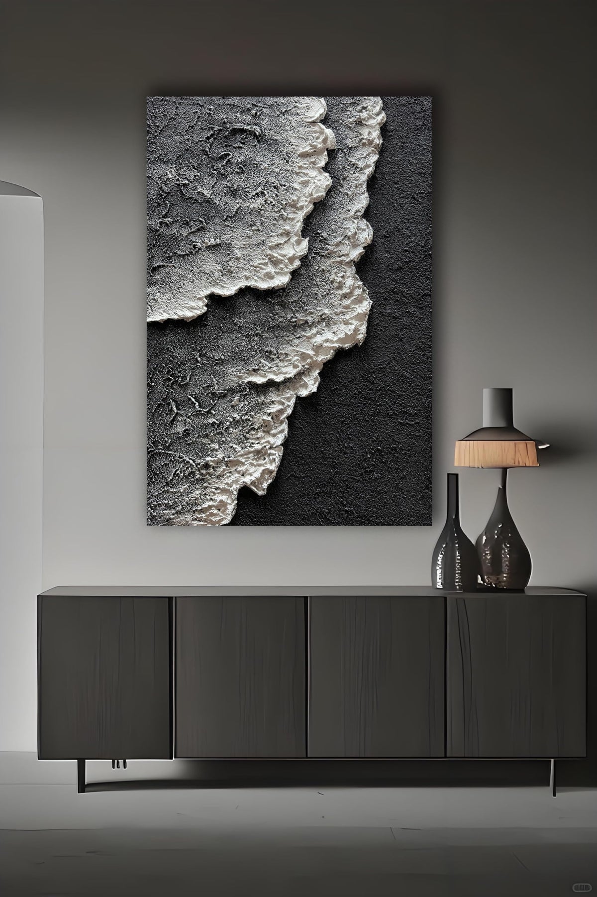 moshinart 24 x 36in Hand-Painted Oil Painting 3D Texture Black White Grey Modern Minimalist Black Abstract Wall Art, Home Office Wall Decoration Sea Wave 7