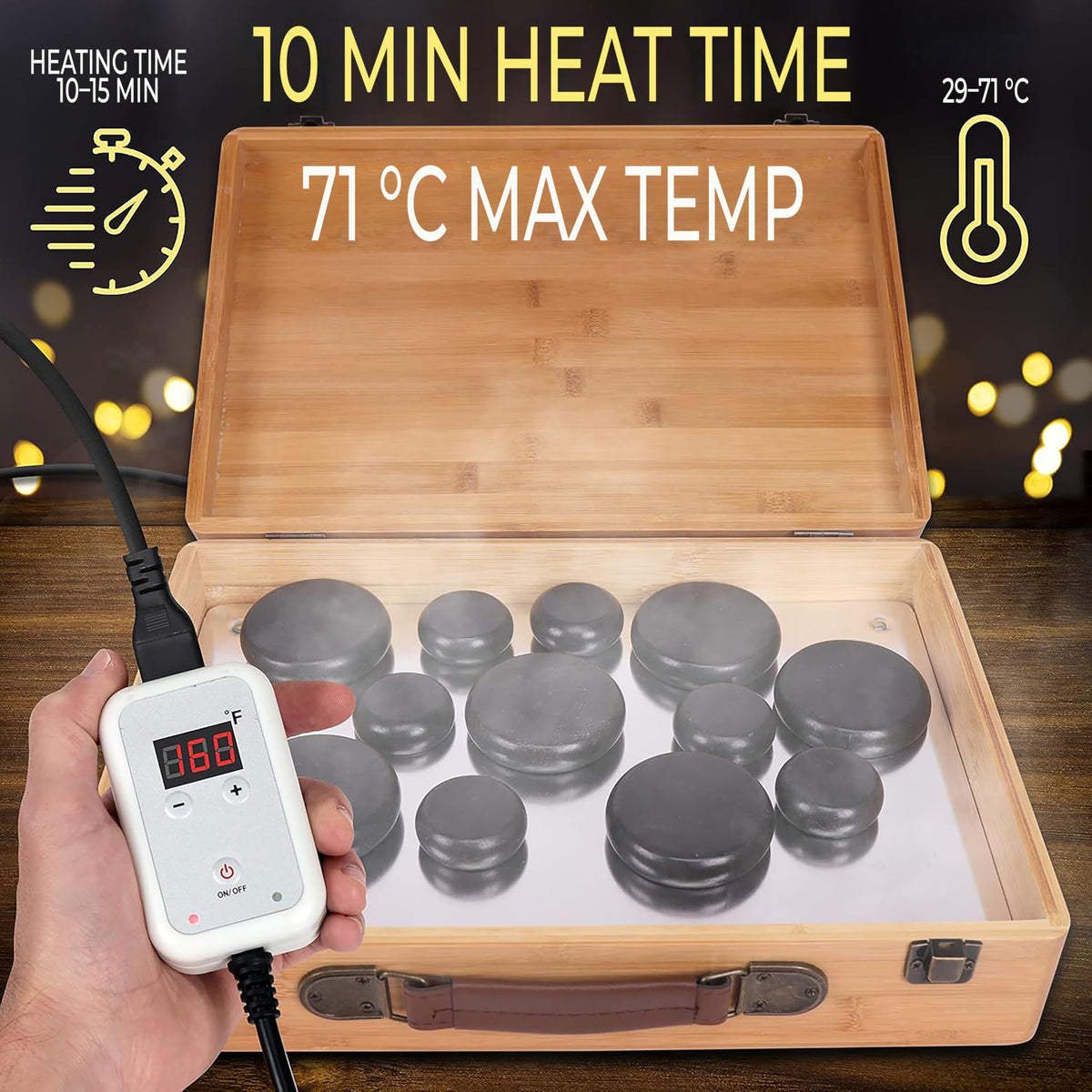 SereneLife Massage Stone Heater Box Set-Electric Spa Portable Heated Rocks Massage Stones and Warmer Set - Heat Rock Massaging Kit 12 Large/Small Black Stone Set w/Bamboo Heating Case PSLMSGST65.5
