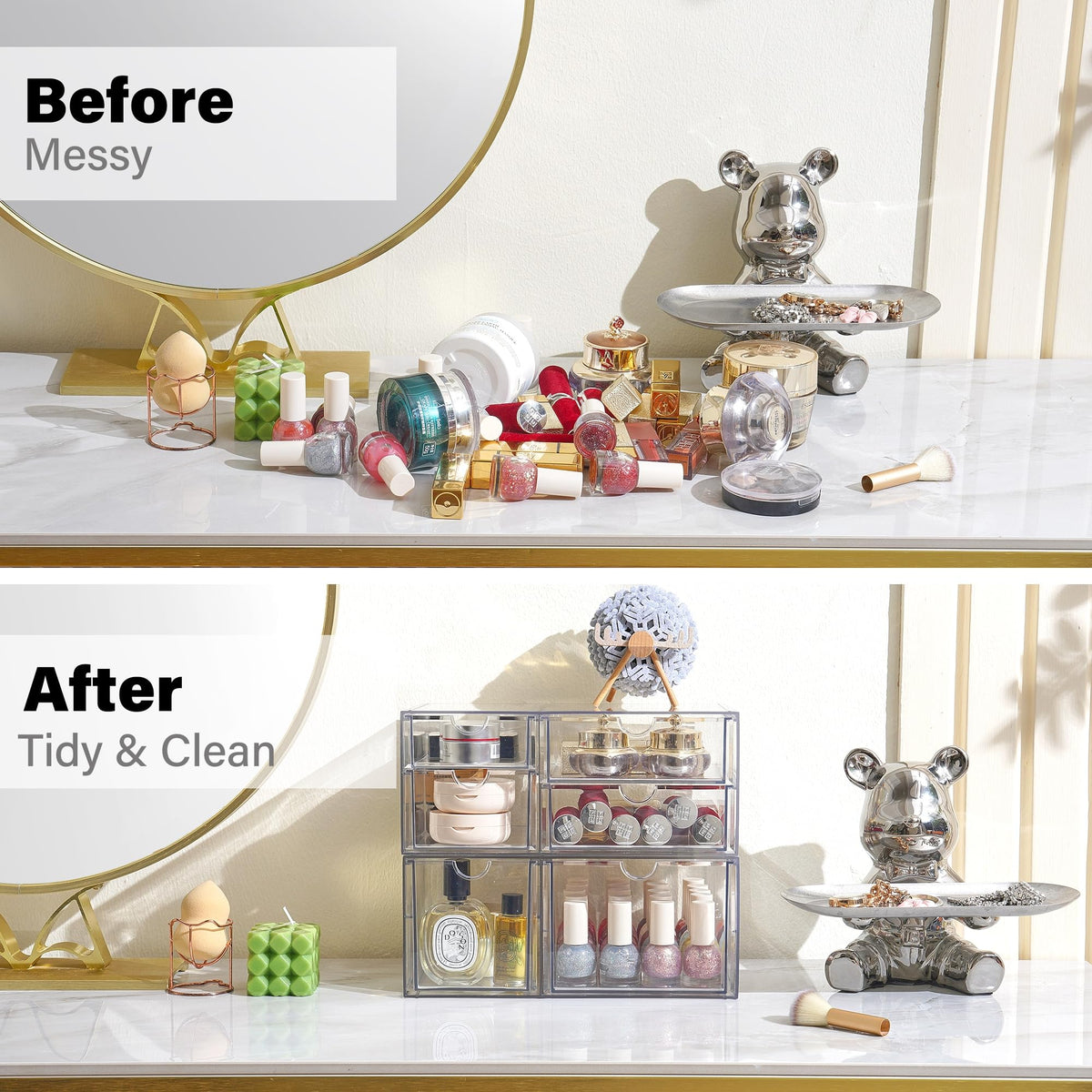 Prsildan Acrylic Drawer Makeup Organizer with 6 Drawers (Not for Baby Bottle), Set of 2 Office Desk Organizers Accessories, Clear Stackable Storage Drawers for Vanity, Craft (Largest Drawer 4" Tall)