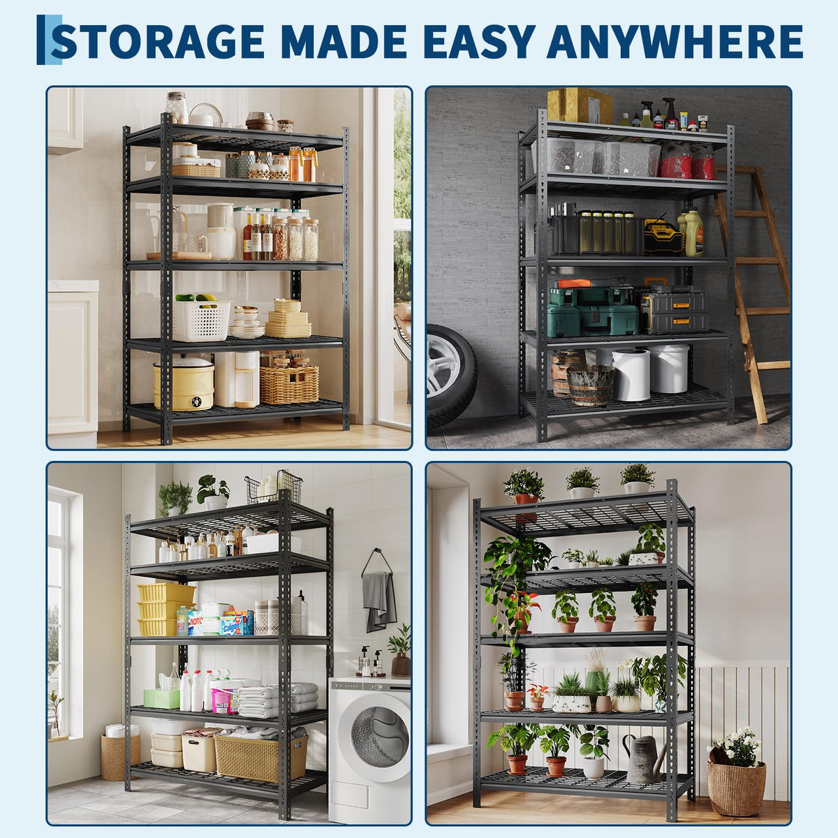 2 Pack Adjustable Garage Storage Rack, 2200 LBS Heavy Duty Garage Shelving, 5 Tier Metal Utility Shelf, Industrial Shelving for Garages, Kitchen, Pantry, Warehouse, Basement, 36" w × 16" d × 72" h