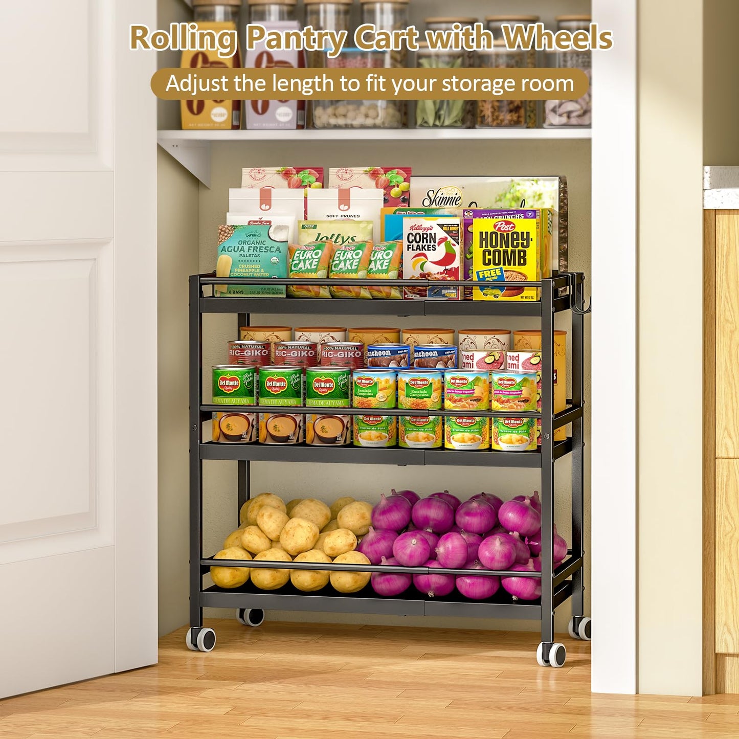 3-Tier Expandable Rolling Pantry Organizers and Storage Cart with Wheels, Adjustable Pantry Floor Organizer, Snack Cart for Pantry, Kitchen Storage Cart with 4 Hooks for Snack, Food, Vegetables