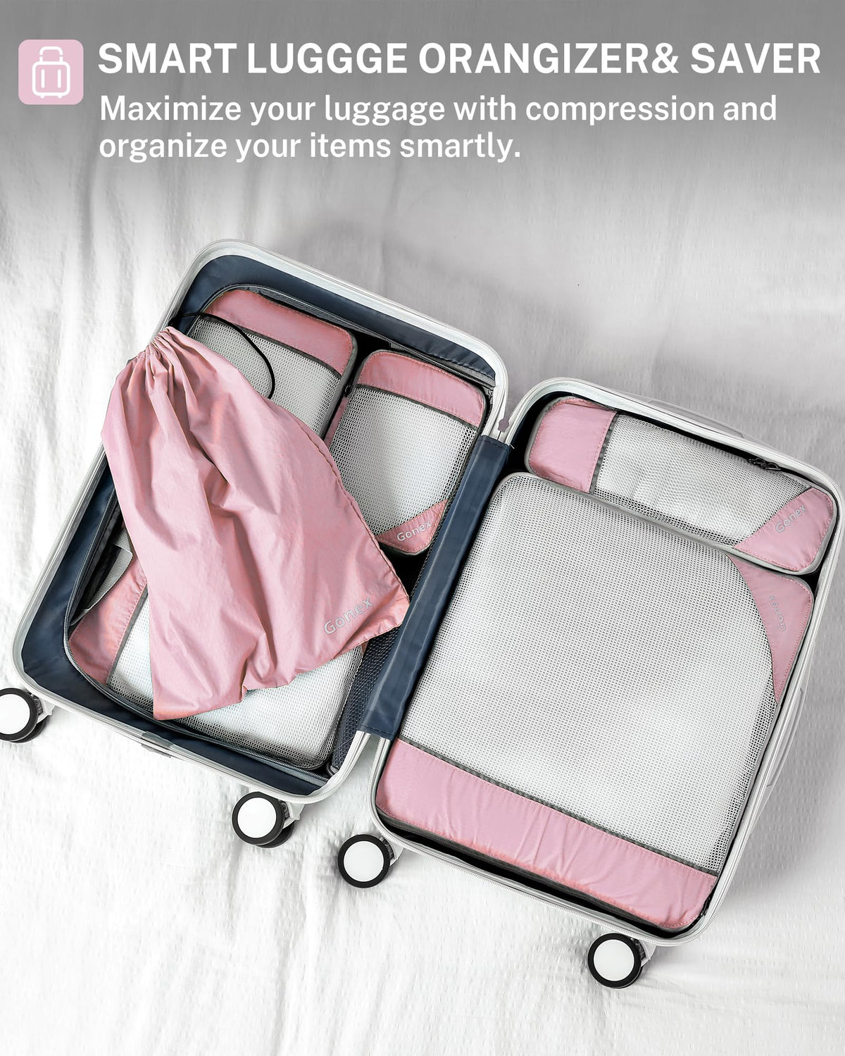 Gonex Compression Packing Cubes Mesh Organizers L+M+S+XS+Slim+Laundry Bag Pink