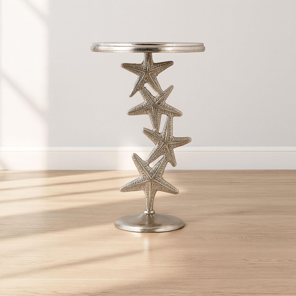 Metal Accent Table, Modern Round Side Table for Living Room and Bedroom, No Assembly Required, Indoor Use Only, Iron and Stone Materials, Starfish Home Decor Living Room Accent Table – 25", Silver