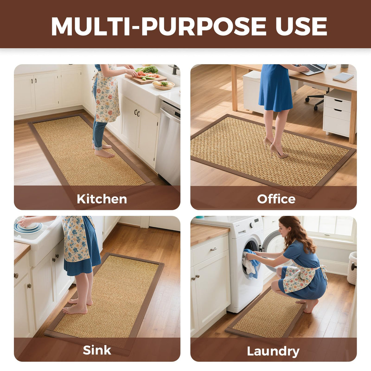 YDKGL Anti Fatigue Kitchen Rugs Mat Non Slip Washable, 0.4" Thick Soft Cushioned Absorbent Kitchen Mats for Floor, Jute-Like Woven Laundry Standing Mats Sink Mat, Easy Clean Care, Brown 17"x30"