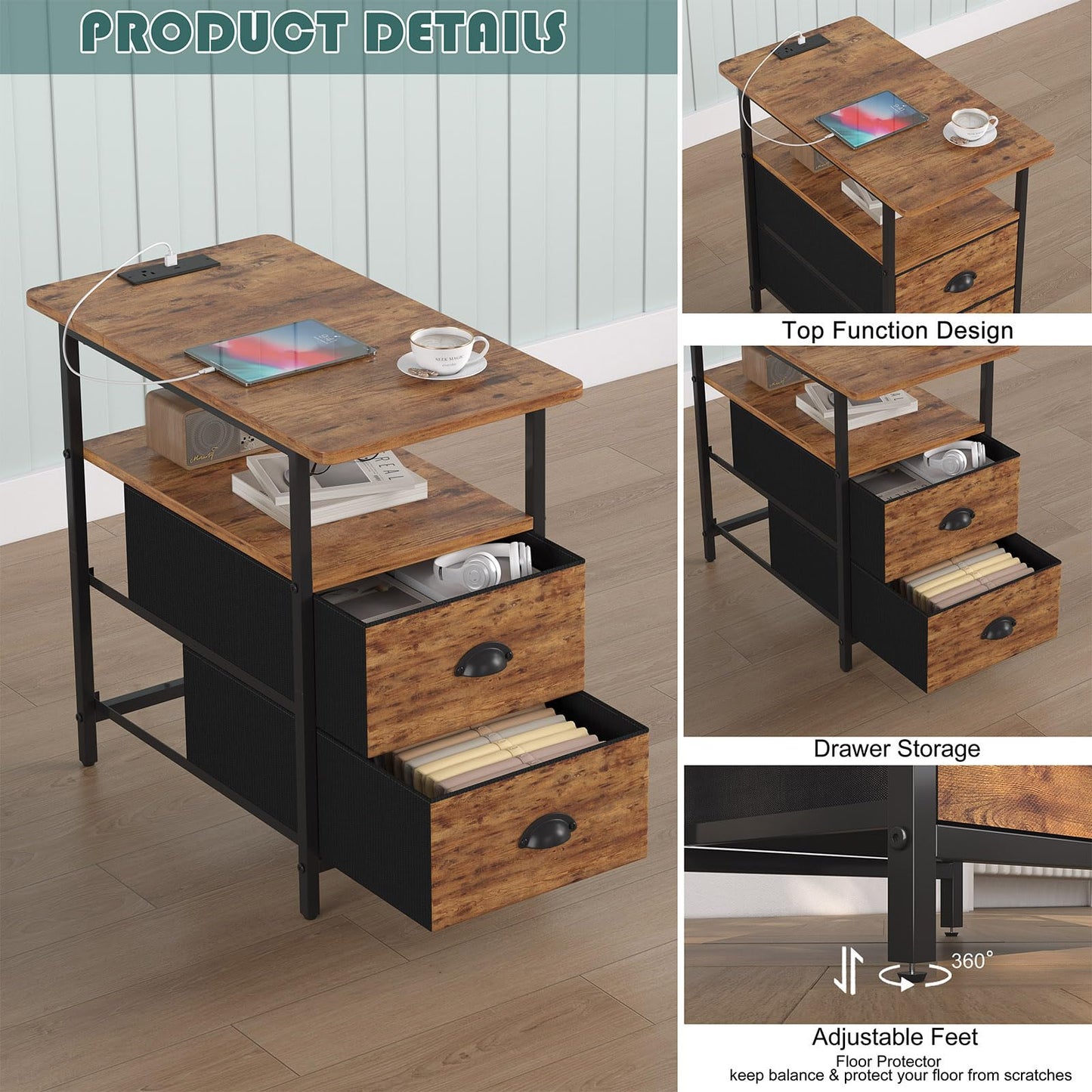 sthmec End Table with Charging Station, Narrow Side Table with 2 Drawers, Nightstands with Drawers, USB Ports & Power Oulets,Slim Sofa Side Tables for Small Spaces,Livin Room,Bedroom,Rustics Brown