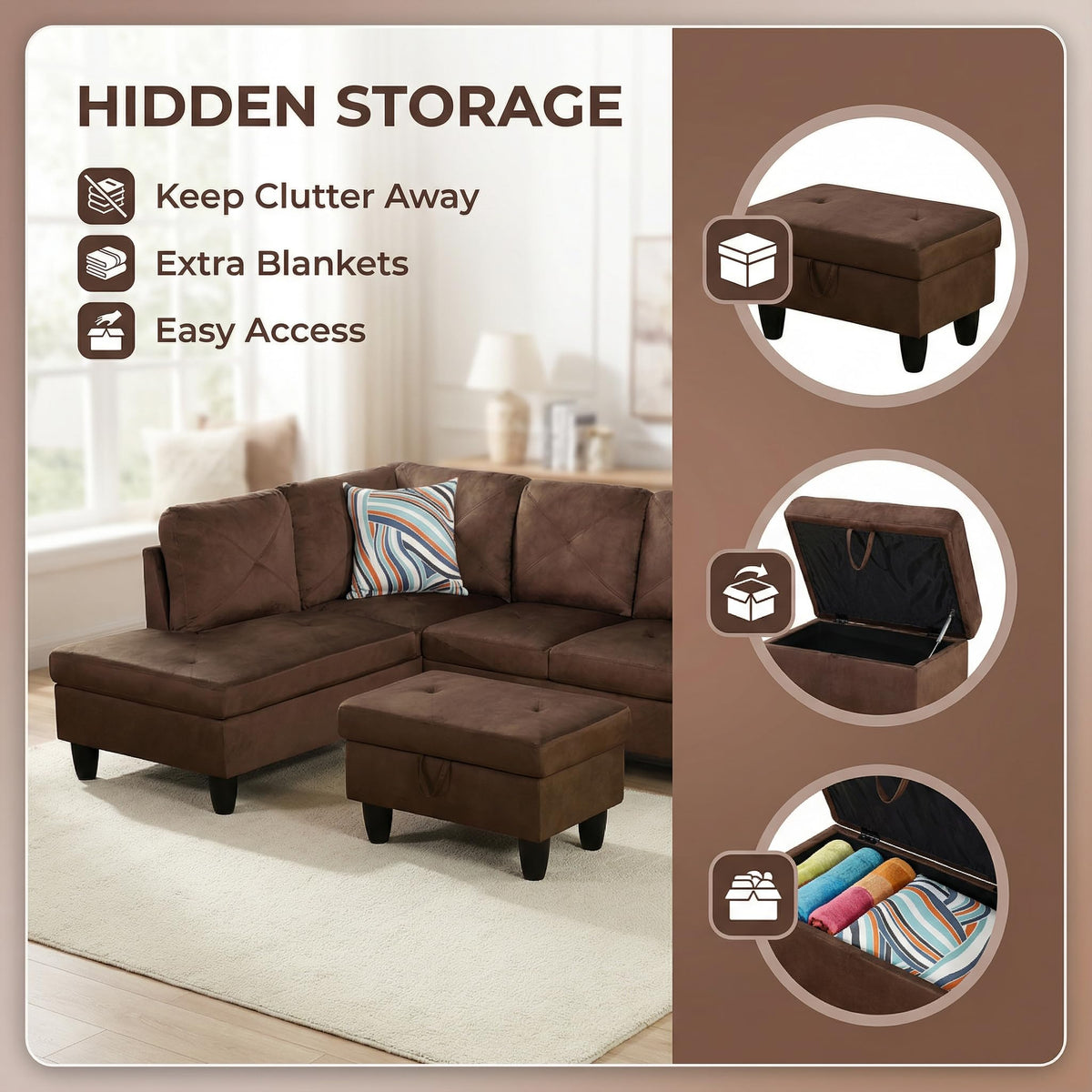 Trygoal 3-Piece L-Shaped Modular Leather Sofa – Convertible Sectional Couch with Movable Chaise & Storage Ottoman, Multi-Scene Use for Living Room, Apartment & Office, Brown