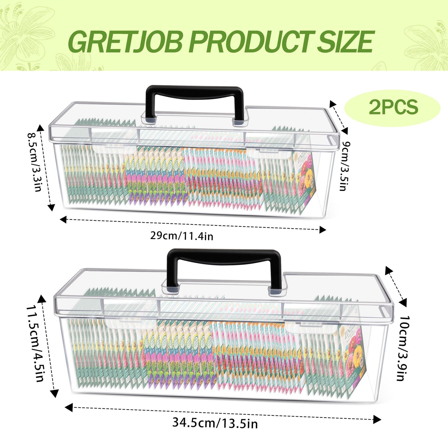 GRETJOB Seed Organizer Storage Box - 2 Pack Clear Plastic Seed Packet Keeper with Secure Lids (14x4.2x4.7in + 11.8x3.7x3.7in)