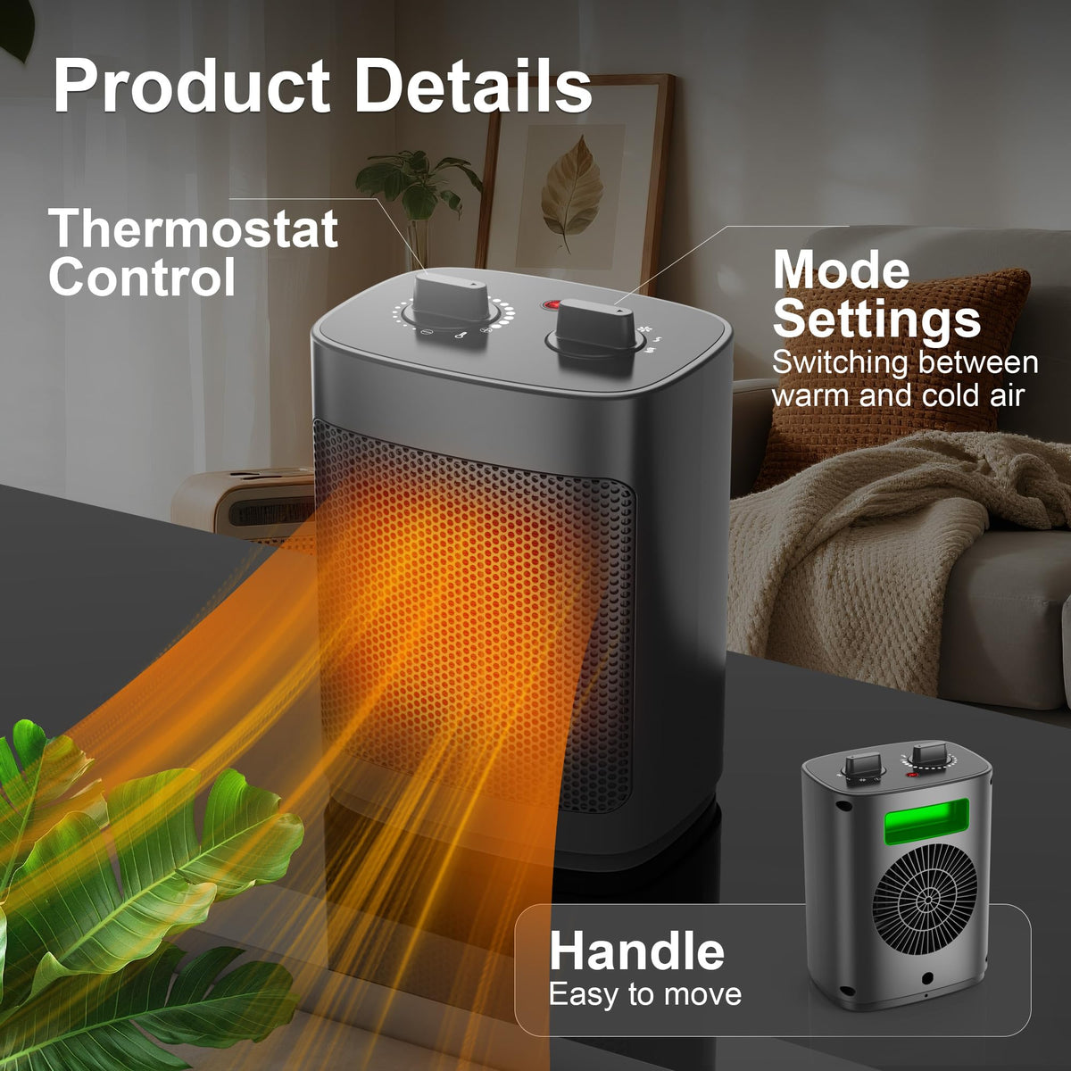 Small Space Heater for Indoor Use 1500W Portable Heater with Wild Range Temperature Adjustment Overheat & Tip Over Protection Electric Heater for Bathroom Black