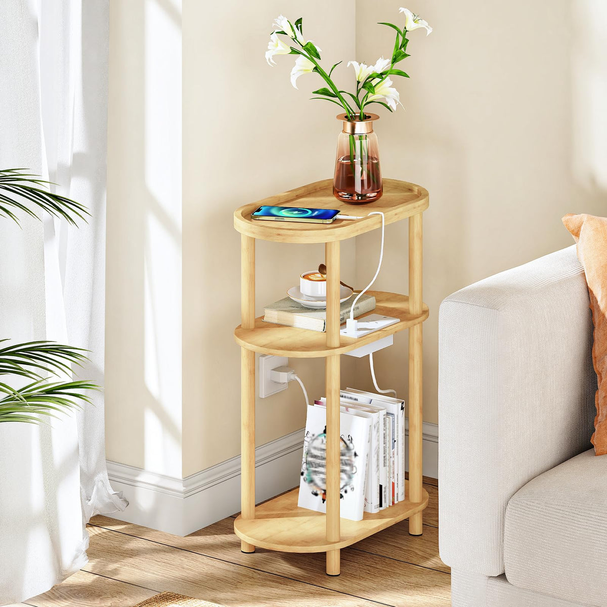 HOOBRO Small Narrow Side Table with Charging Station, 3-Tier Bamboo Narrow End Table, Slim Side Table for Small Spaces, Skinny Oval Nightstand for Living Room, Bedroom, Apartment, Natural YL178UBZ01