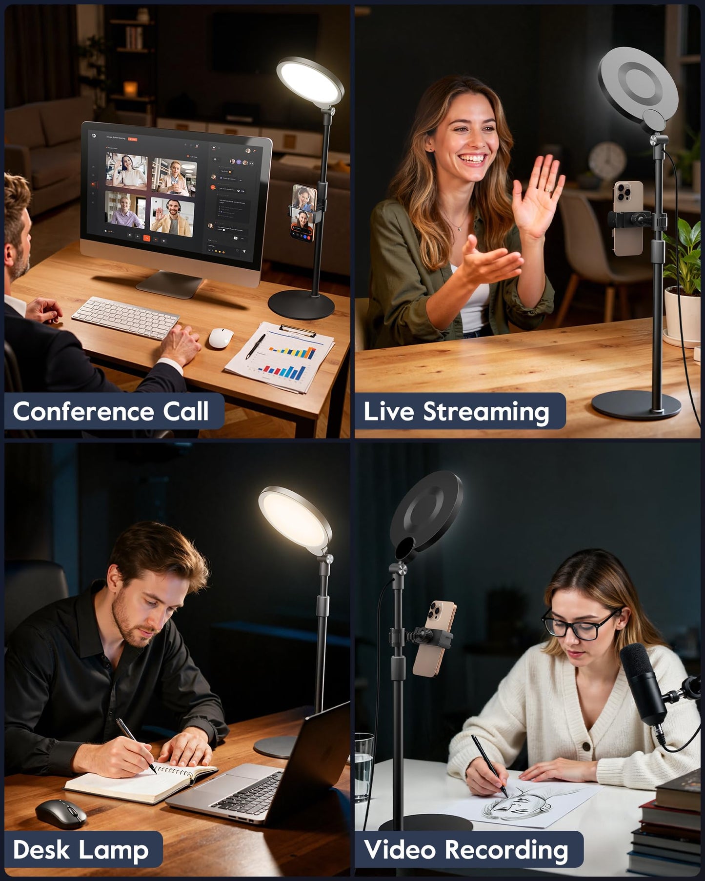 Dimmable Ring Light with Stand for Desk, Adjustable Desk Light for Video Recording, 30 Light Modes Video Conference Lighting, Zoom Lighting for Computer, Webcam, Podcast, Calls, Home Office, CRI 97.8