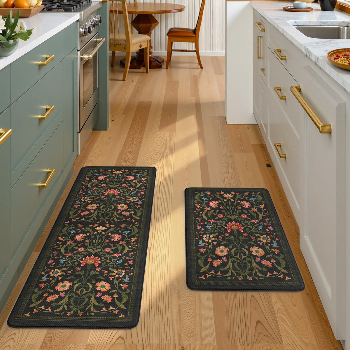 Collive Kitchen Mats for Floor 2PCS, Cushioned Anti Fatigue Mat Non Slip Waterproof Kitchens Sink Rug, Floral Comfort Padded Standing Mat for Laundry, Desk, Bar, Office, 17.3"x29"+17.3"x47", Black