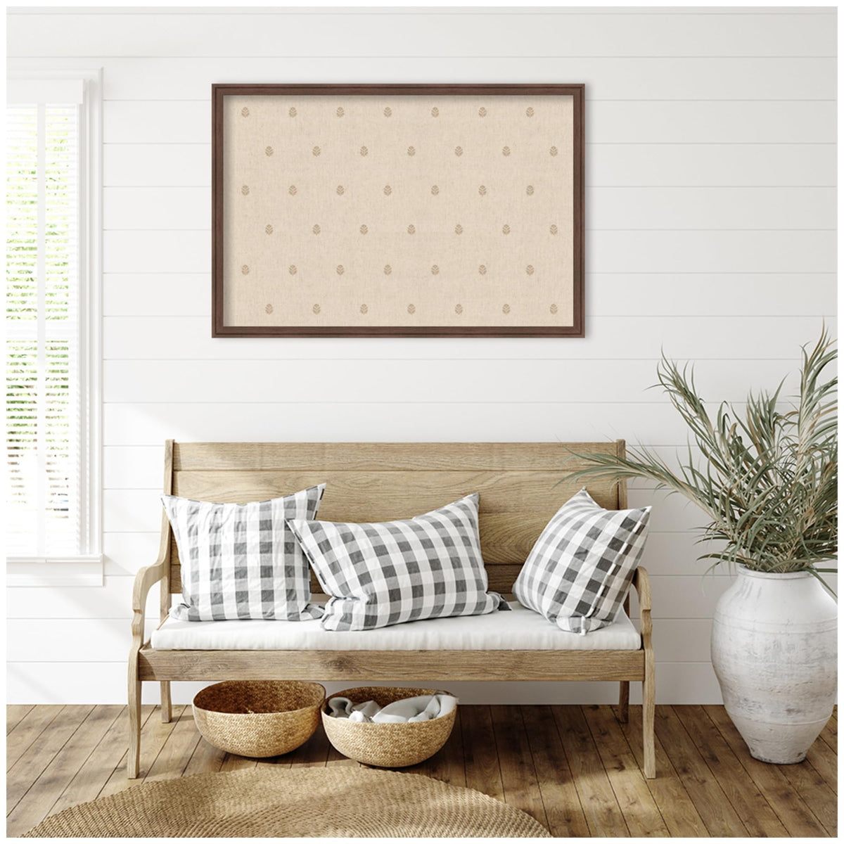Kate and Laurel Framed Fabric Pinboard 38 x 26, Beige Botanical Block Print Printed Linen Classic Bulletin Board for Use as a Vision Board or Wall Organization, Florence Medium Brown Frame