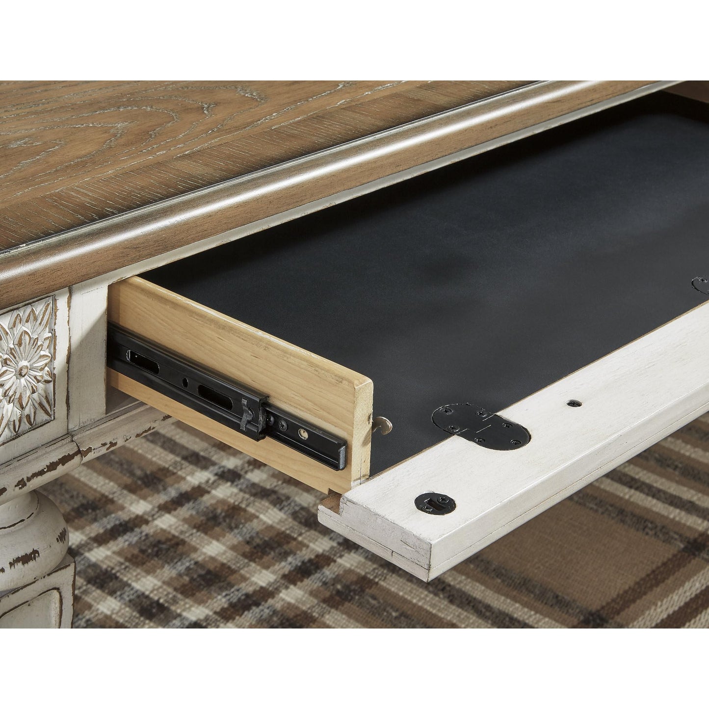 Signature Design by Ashley Realyn Farmhouse Home Office Desk, 2 Drawers, Drop-down Drawer, USB Charging, Wood, 60" W x 28" D x 31" H, Chipped White and Brown