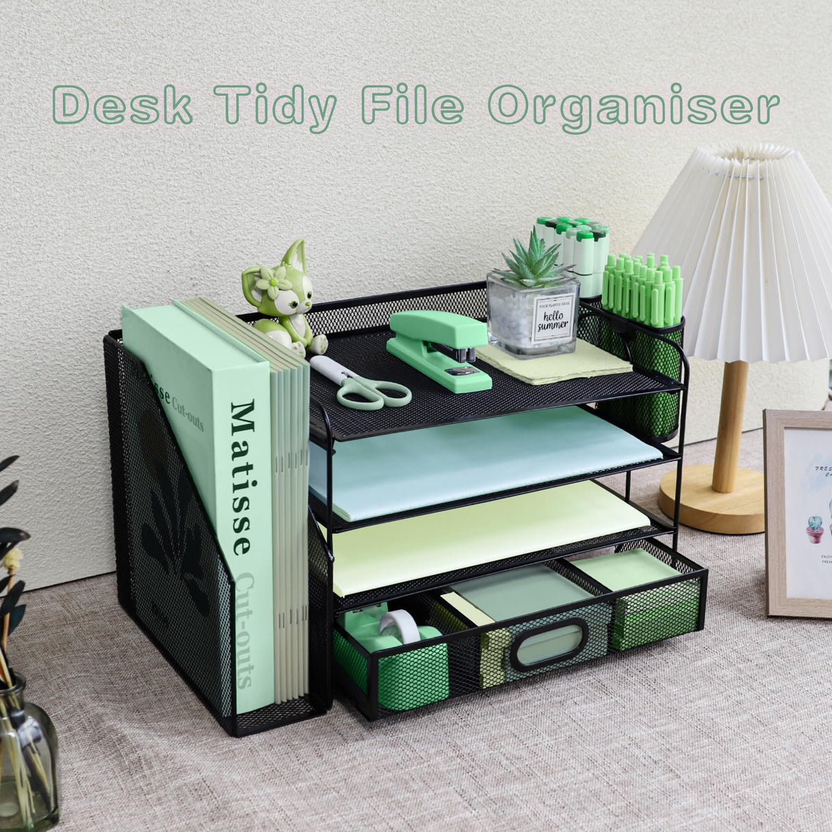 4 Tier Desk File Organiser with Extra Vertical File Sorter, Paper Letter Tray with Top Stationery Drawer Holder, A4 Paper Desktop Filing Trays, Magazine Document Holder for Home Office, Black
