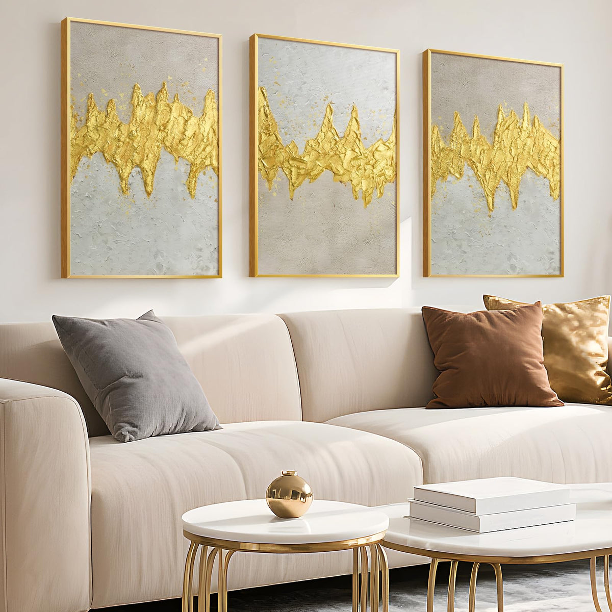 VIYYIEA Metal Framed 3D Texture Large Wall Art Set 3 Pcs Modern Neutral Artwork Abstract Gold Textured Painting Canvas Print for Living Room Bedroom Dining Room Office Gallery - 16x24 inch