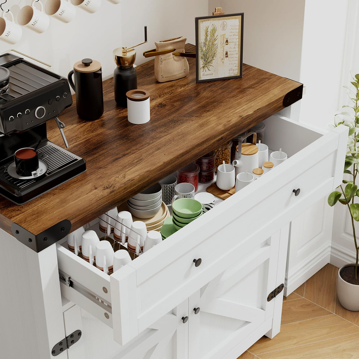 YESHOMY Coffee Bar and Accent Cabinet, Farmhouse Barn Door Buffet Sideboard with Drawer and Adjustable Shelf, Wide Desktop for Kitchen, Dining Room, Bathroom, Entryway, Rustic Brown & White